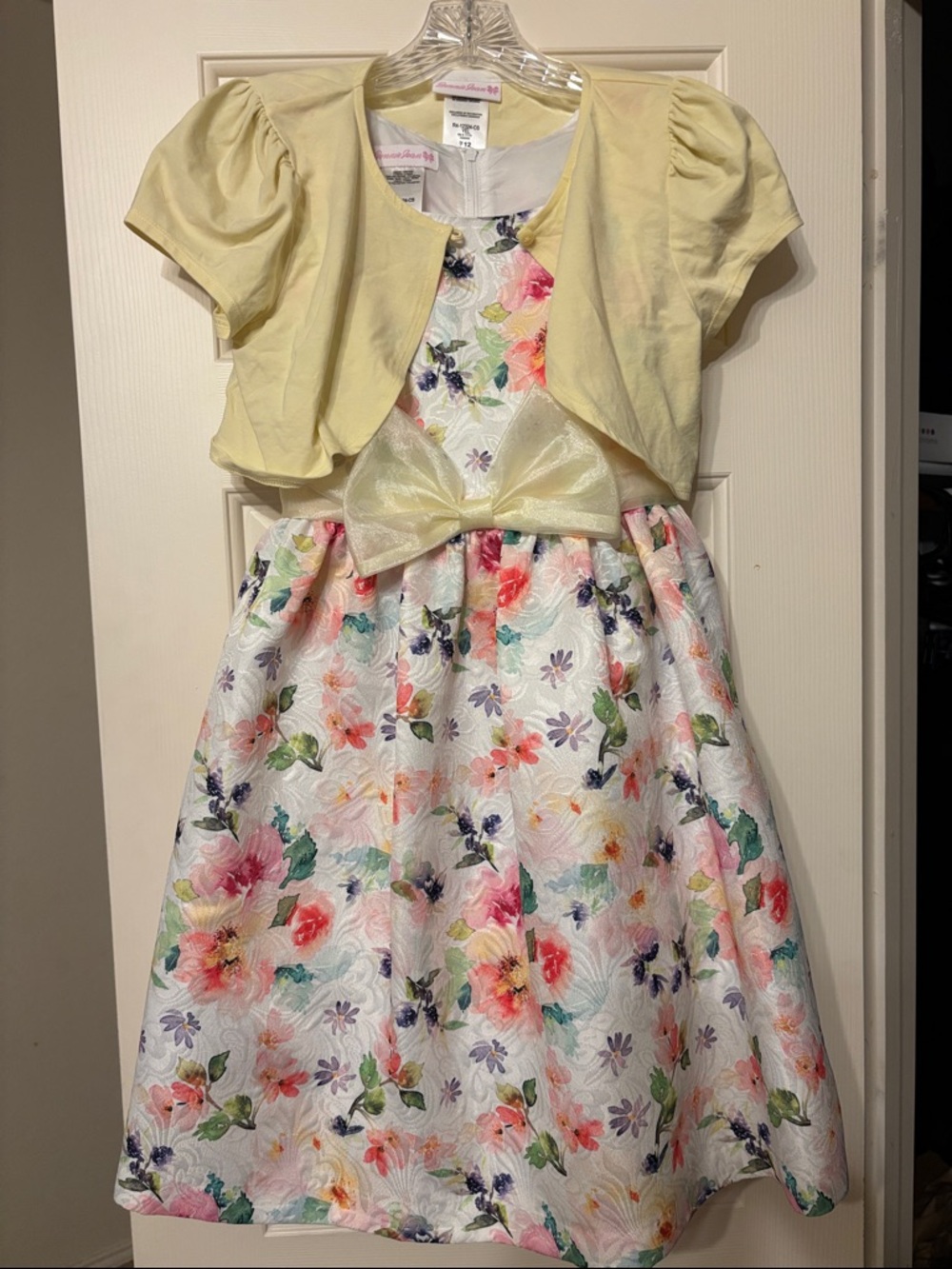 Bonnie Jean Yellow Bolero with Floral Print Dress and Shimmery Bow